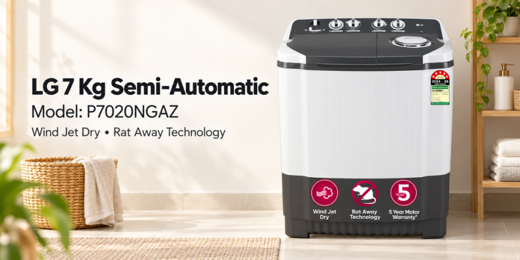 LG 7 Kg 5 Star Wind Jet Dry Semi-Automatic (P7020NGAZ)